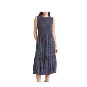 Treasure & Bond Smocked Sleeveless Midi Dress‎ In Navy Blazer Paris Dot